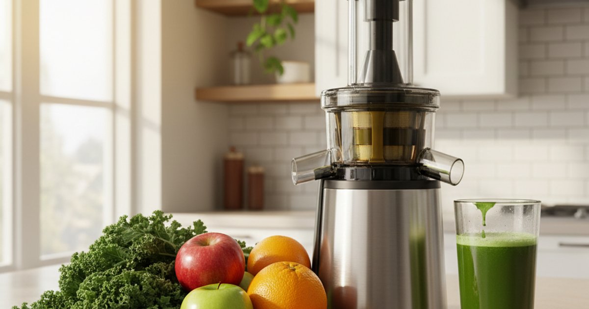 Fresh fruits and vegetables next to a modern slow juicer in a Malaysian kitchen, highlighting the health benefits of cold-press juicing.