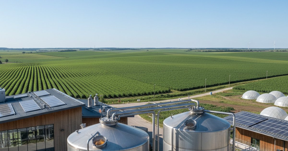 Modern agricultural facility with fermentation tanks, symbolizing the future of enzyme juice production