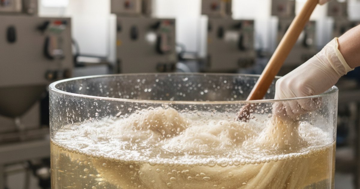 Textile fibers undergoing gentle treatment in enzyme juice, symbolizing sustainable manufacturing